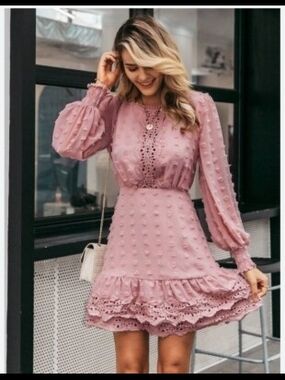 Simplee Apparel Pink Swiss-Dot Lace Mini Dress